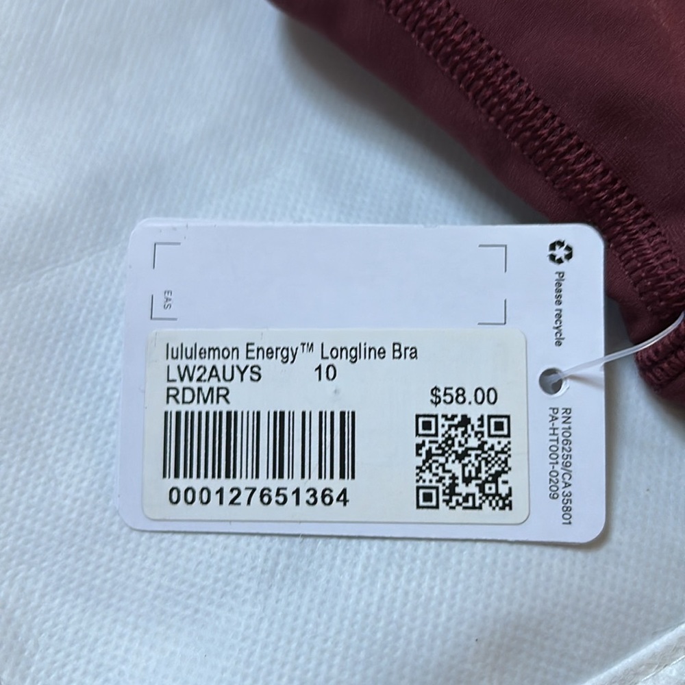 LULULEMON ENERGY BRA LONG LINE IN RED MERLOT (RDMR) SZ 8,10 NWT - Picture 8 of 9